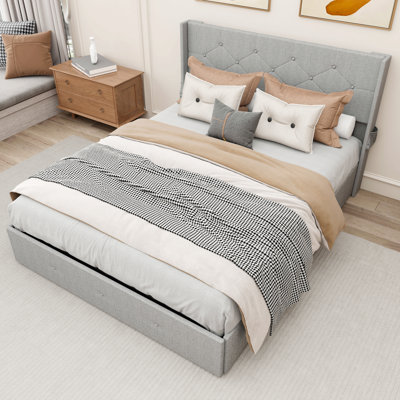 Structure de lit double avec lit de rangement à vérin à gaz avec tête de lit moderne à oreilles, ports USB