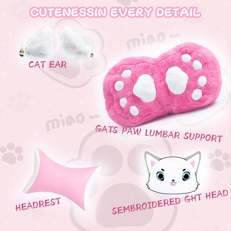 Cute Gaming Chair with Cat Paw Lumbar Cushion and Cat Ears, Ergonomic Computer Chair,Reclining PC Game Chair for Girl
