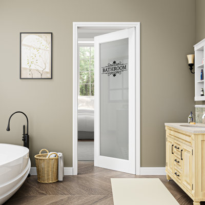 Interior 1-Lite Frost Glass Bathroom Door Slab White Primer  Solid Manufactured Wood Standard Size Slab Door