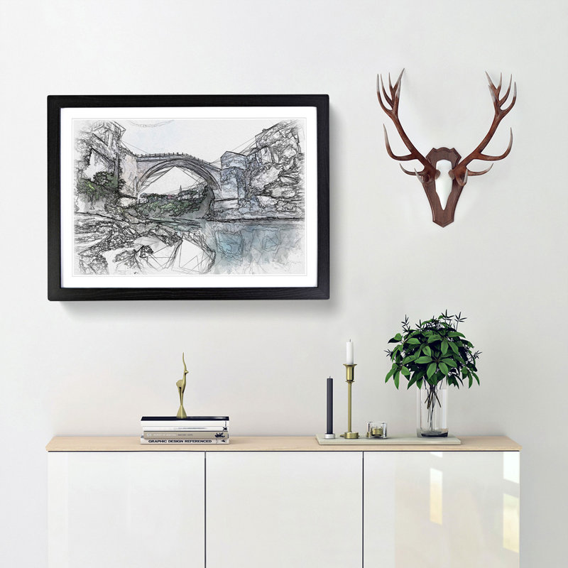 Stari Most Old Bridge Sketch - Picture Frame Graphic Art Print, 62cm H x 87cm W x 2cm D, Black Framed