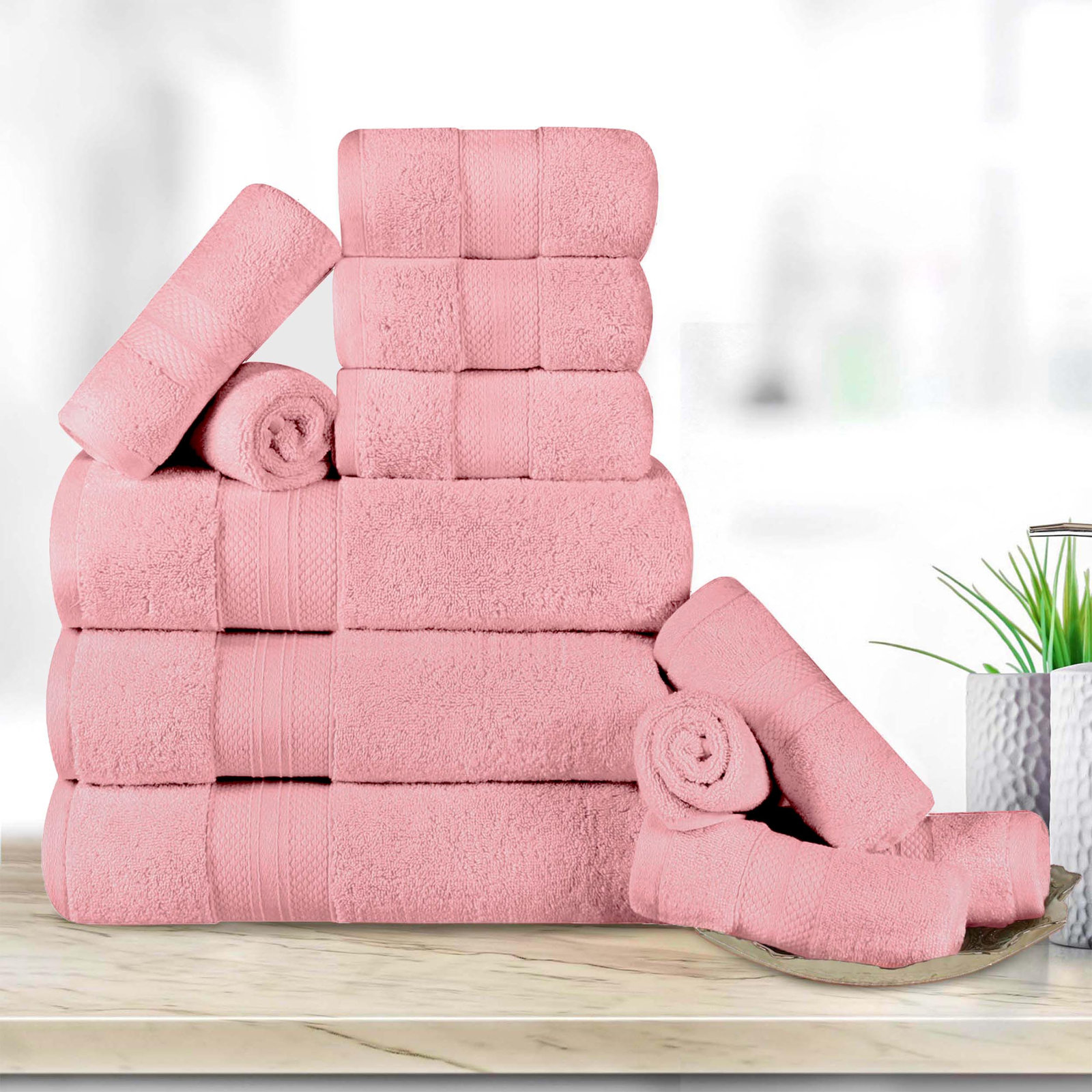 Finnian Ultra-Plush Heavyweight, 100% Turkish Towel Collection, Coral Pink, 12 Piece Towel Set