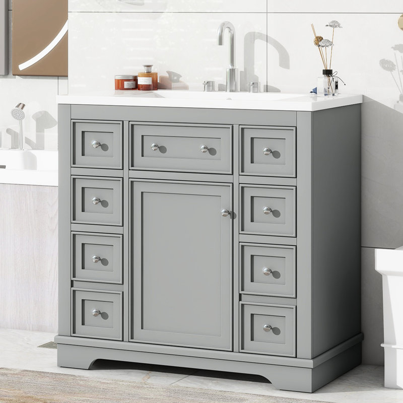 Meuble-lavabo gris avec lavabo - Armoire en bois massif de 36 po, 6 tiroirs, tablette réglable, option de décoration moderne