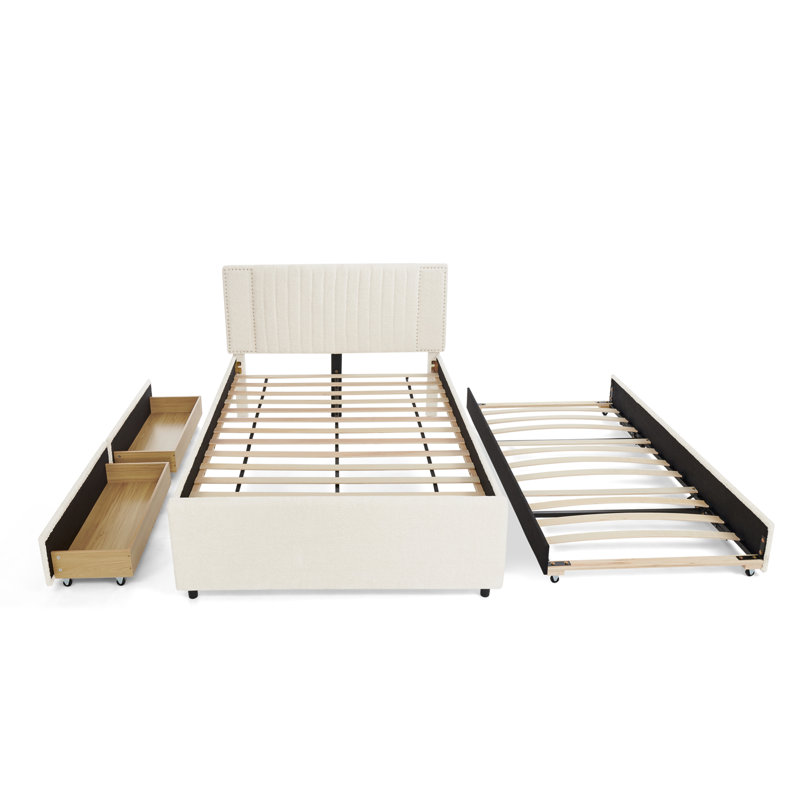 Full Size Vertical Channel Tufted Headboard & Nailhead Trim Space Saving Upholstered Bed, Multi-functional Design with 2 Storage Drawers and Pull-out Trundle Bed, Chenille