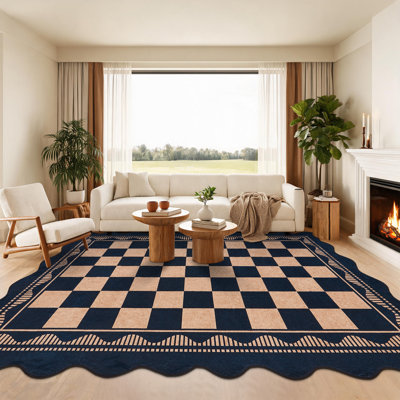Tapis lavable festonné en damier avec envers en caoutchouc, tapis moderne antidérapant à bordure pour chambre d'enfant