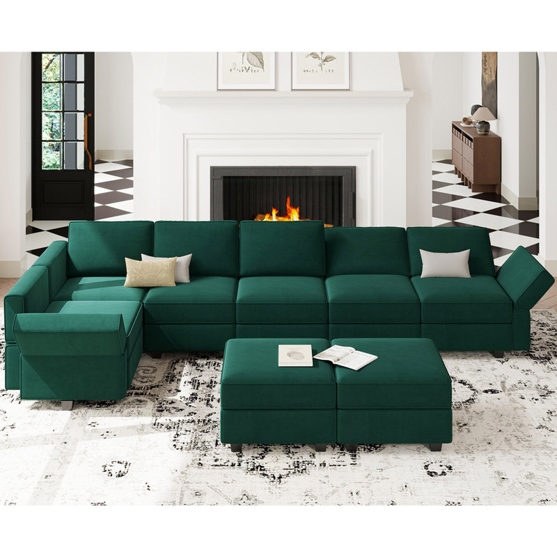Teangela 143'' Variable Modular Velvet Sectional L Shaped Upholstered Couch Storage Sofa, Green Velvet