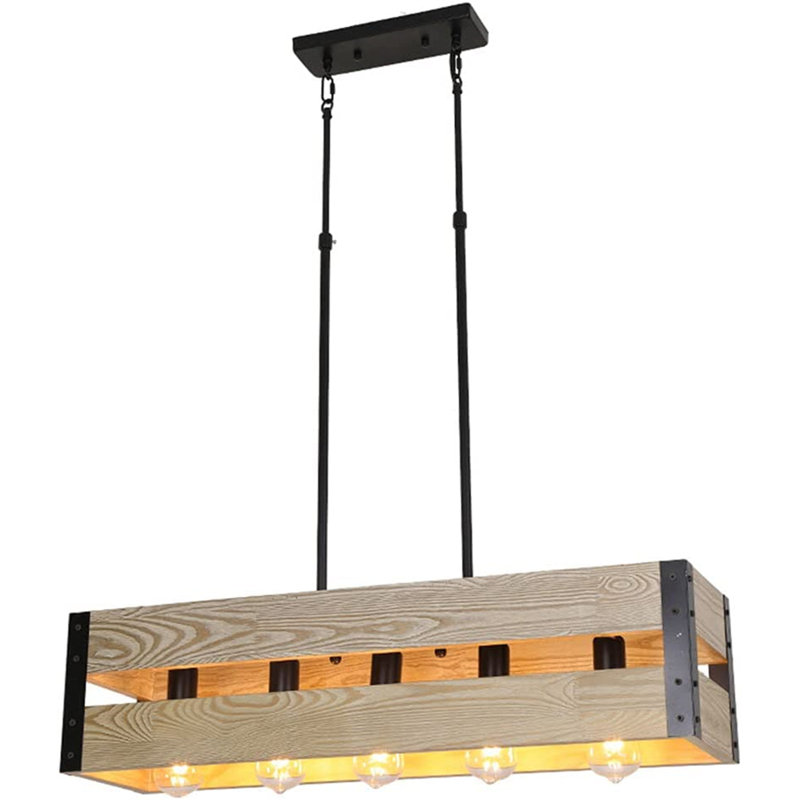 Lustre rectangulaire à 5 lumières pour îlot de cuisine, Bois