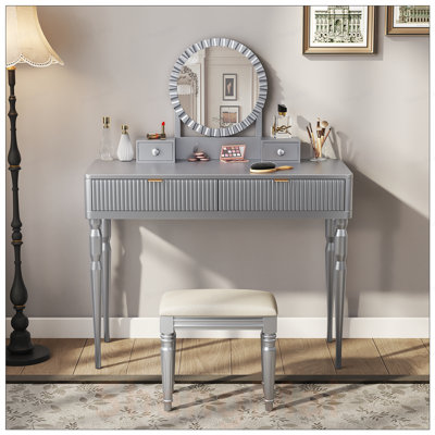 Luxury Vanity Desk with Round Mirror, Height-Adjustable, Stylish Dressing Table Set, 4 Drawers, Stool, Silver