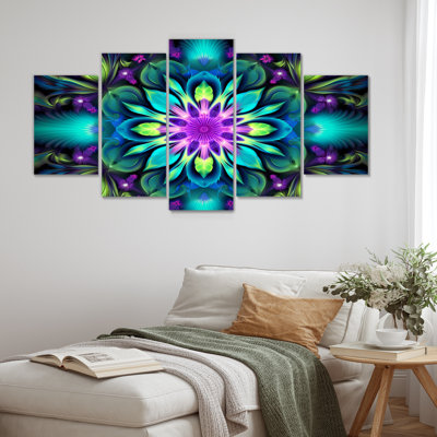 Turquoise néon fractal fleurs II - art mural mandala boho pour le salon 5 pièces