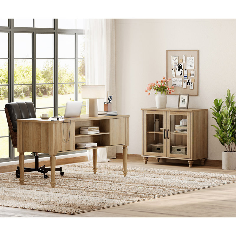 Ensemble de bureau 2 pièces, bureau de direction 56 po et armoire avec porte vitrée, chêne, 2 Pieces: Desk, Cabinet