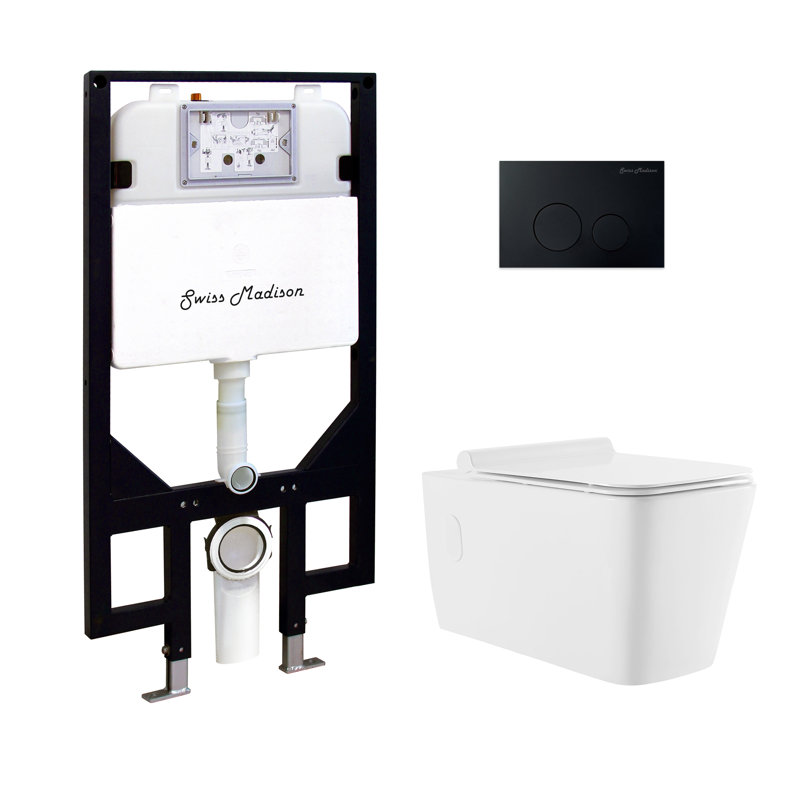 Concorde Wall-Hung Toilet Bundle 0.8/1.6 GPF Dual Flush With Flush Plate, Glossy White/Black
