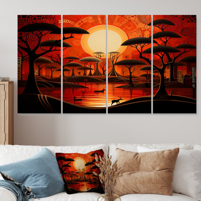 Pleine lune magique, lac Baobab, art mural africain sur toile, 4 pièces