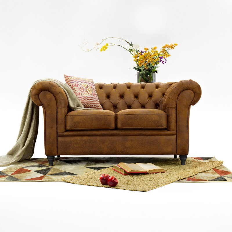 Littlehampton 3 Seater Faux Leather Chesterfield Sofa, Cognac, 30.7" H x 55.1" W x 30.7" D