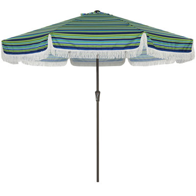 Parasol de terrasse à franges rétro Boho 9 pi - Protection UV 50+ contre le soleil - 8 nervures en fibre de verre, mât en acier de 1,5 po, manivelle et inclinaison - Rayures bleu-vert