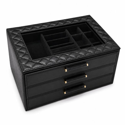 Lighted Jewelry Organizer, 3 Drawers, Glass Display Lid & LED Lighting