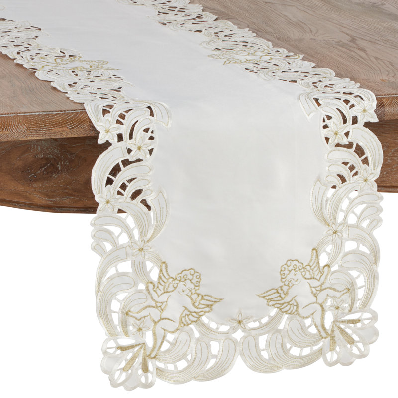 Embroidered Angel Cherub Holiday Table Runner, Ivory, 108" x 15"