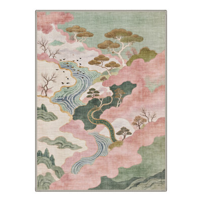 Ascentia Rustic Machine Washable Pink / Green / Beige Indoor Area Rug with Non-Slip Backing