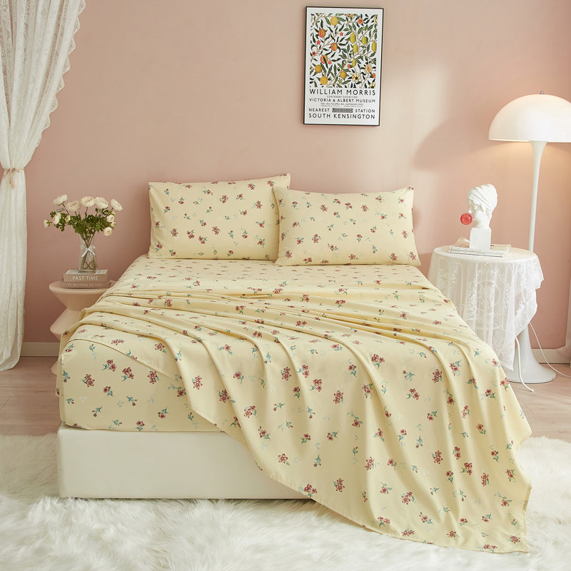 Zeta Boho Floral Printed Sheet Set, Twin Sheet Set with 1 Pillowcase, Yellow