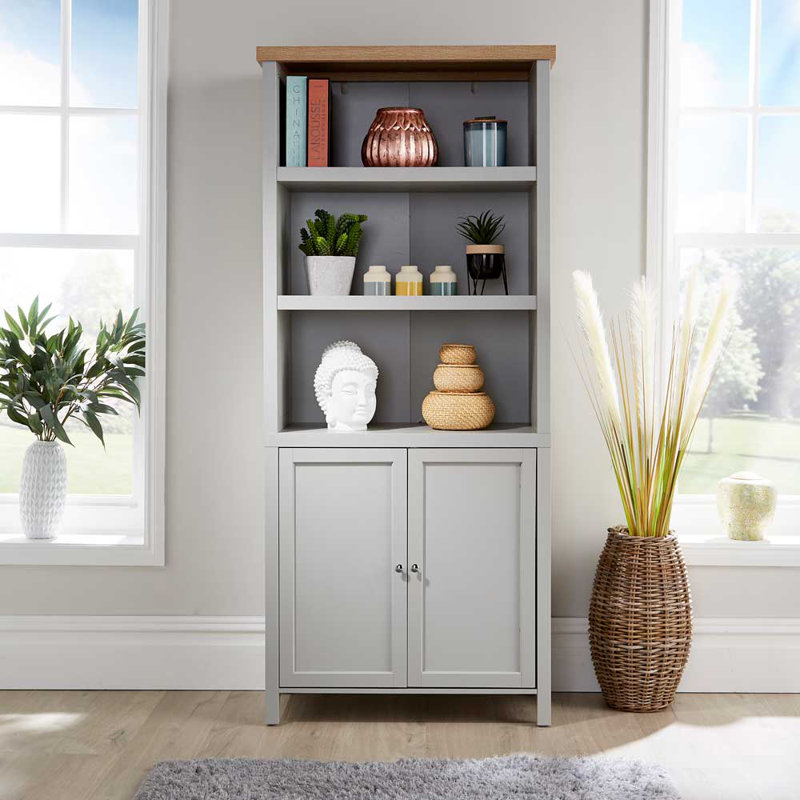 Raposa 2 Door Display Cabinet 3 Shelf Bookcase Storage Unit 36mm Thick Top, Gray