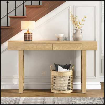 Console étroite avec décoration en rotin, table d'entrée en bois naturel avec tiroirs de rangement, élégante table de canapé rustique pour le salon et le couloir (naturel)