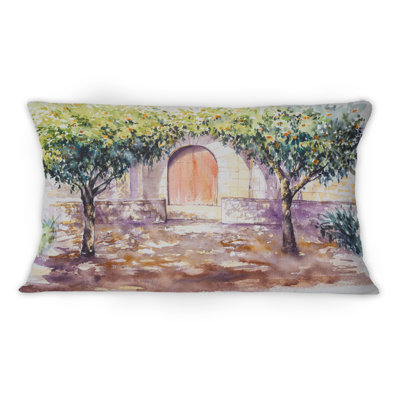 Bibliothèque Backyard In Barcelona avec arbres orange - Coussin décoratif imprimé traditionnel 1