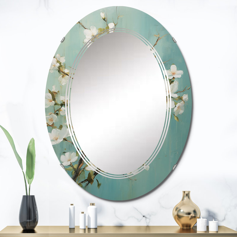 Pomme de fleur monochromatique Elegance XXI - Miroir mural floral ovale, 36 po x 24 po
