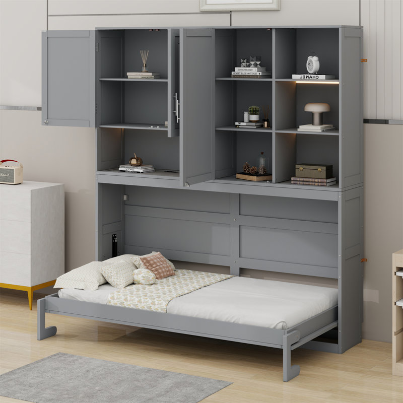Lit escamotable avec armoire supérieure, tablettes, lit pliable peu encombrant avec éclairage et port USB, Gris