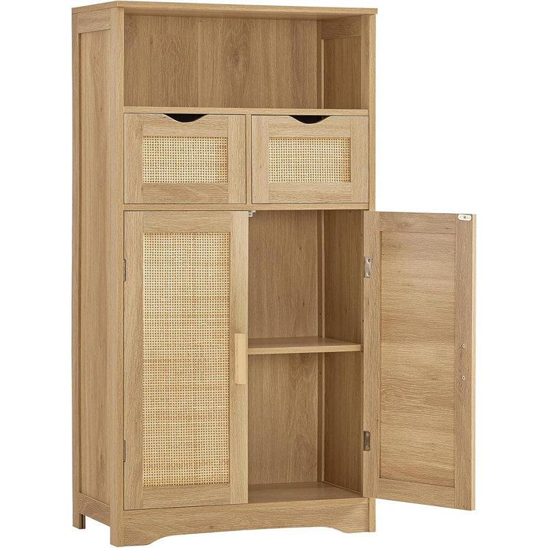 Armoire de rangement avec 2 tiroirs et tablettes réglables, armoire en rotin, armoires de garde-manger, armoire de salon, cuisine, bureau personnel, naturel