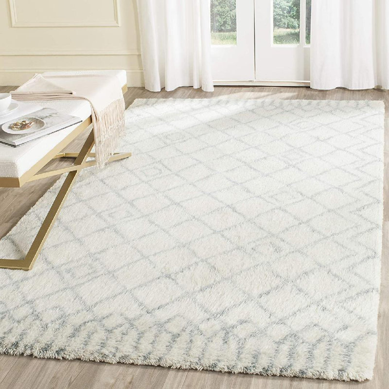 Tapis en laine / coton touffeté à la main Derron Nz ivoire / bleu, Rectangle 5 pi x 8 pi