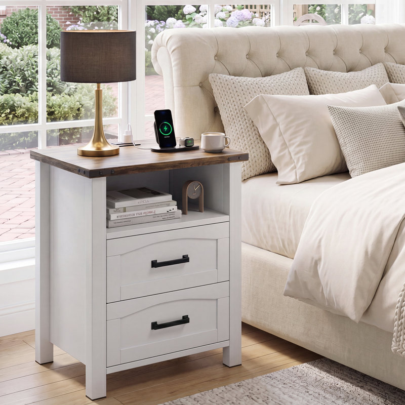 Set of 2 Farmhouse Nightstands with Charging Station & USB-C, 18" Wide 2 Drawers Wood Bedside Table with Open Shelf, White & Walnut