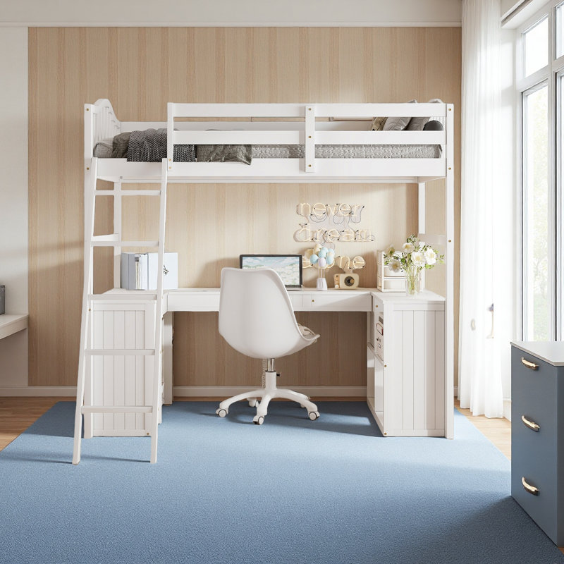 Lit mezzanine simple avec tiroirs, armoire, tablettes et bureau, lit mezzanine en bois avec bureau - blanc