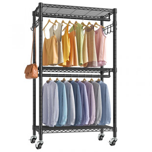 Basics Expandable Metal Hanging Storage Organizer Rack Wardrobe with Shelves, 14 inch-63 inch x 58 inch-72 inch, Black