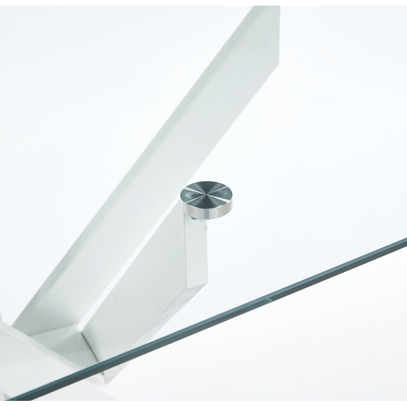 Table de salle à manger moderne en verre trempé minimaliste avec base géométrique en métal X-Cross, Matte White