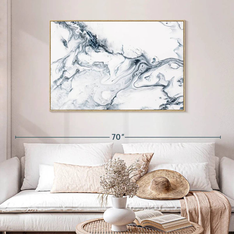Grey And White Phung, 46" X 31", Floating Frame Natural Wood