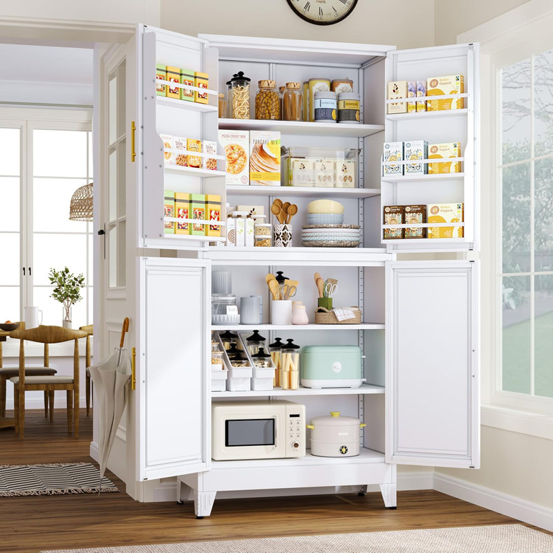 Modern Metal Accent Storage Cabinet Tall White for Kitchen Pantry Food, White
