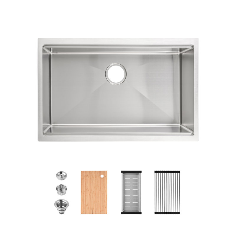 304 Stainless Steel Undermount Sink 30"X19", Single Bowl With Cutting Board, Colander, Luxurious Finish, Noise-Minimizing Design 30"X19" Undermount, To Scratches, Brushed Look