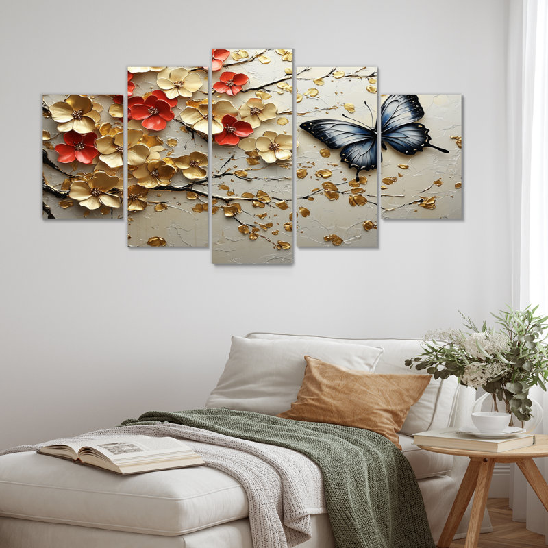 «Blue Butterfly on Golden Cherry Blossom Branch II», ensemble d'art mural sur toile