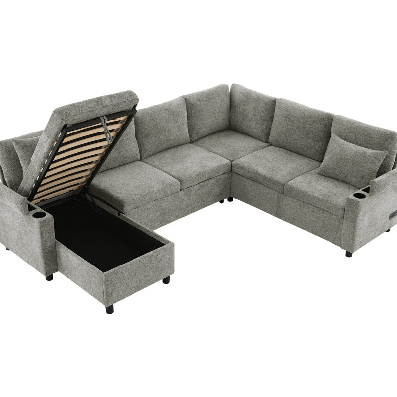 Tissu chenille avec porte-gobelets et rangement - Lit gris caché, Chenille gris pâle