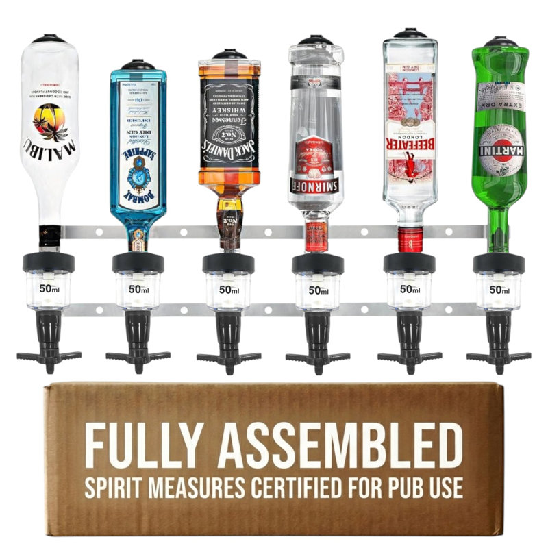  Black 6 Bottle Wall Mounted Bar Rail & 50ml Spirit Optics, UK Made, Fits 70cl–1.5L Bottles