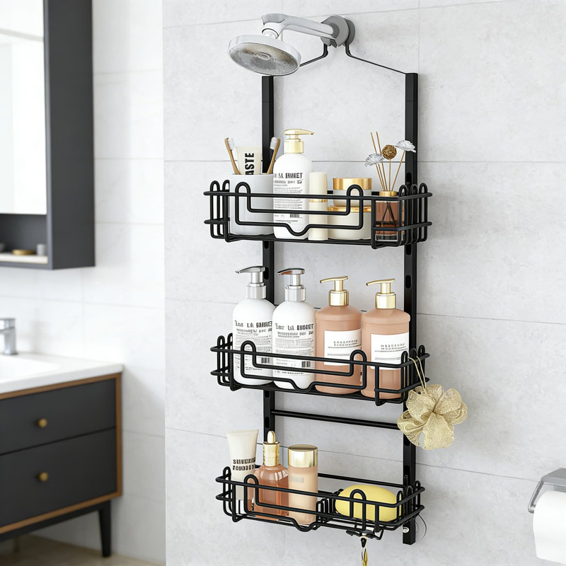 Shower Caddy Hanging Organizer With 3 Adjustable Rustproof Baskets, 24 Hooks, Soap Tray & Razor Holder - No Drill Over The Showerhead Bathroom Storage Rack