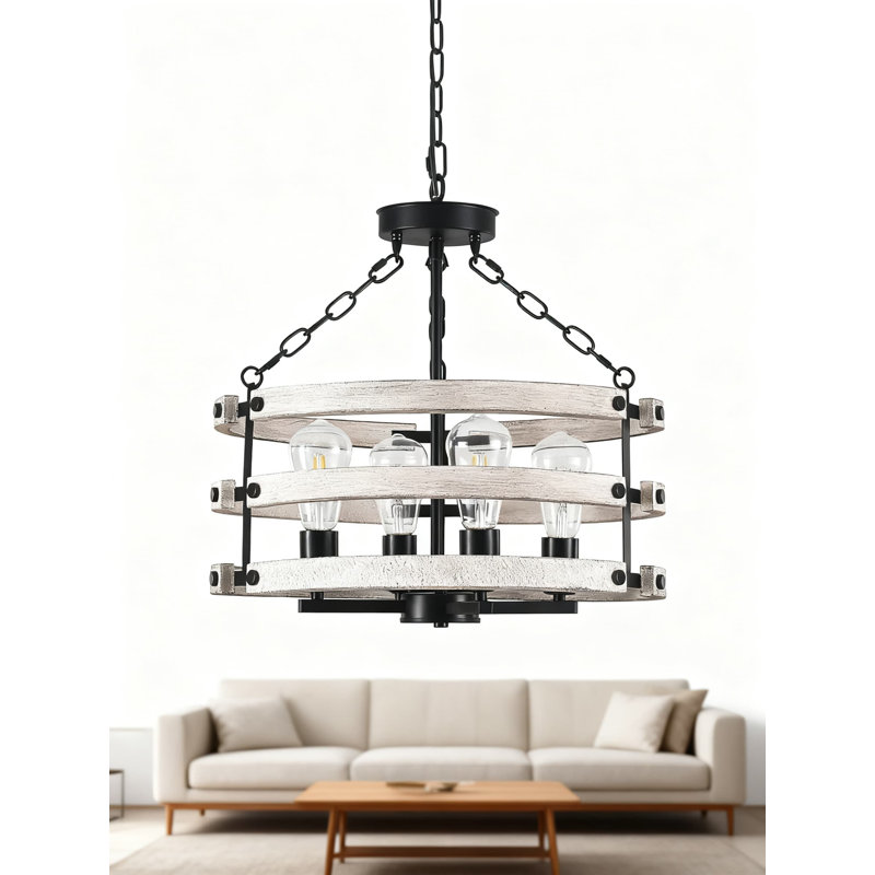 Lustre rustique de style campagnard avec luminaire suspendu tambour blanc de 18,89 pouces avec 4 lumières pour îlot de cuisine de vestibule, chaîne réglable