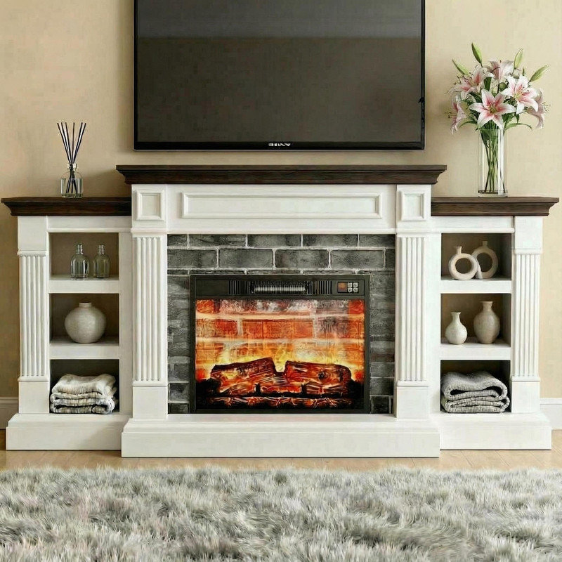 Meuble télé avec foyer électrique intégré de 180 cm (71 po) pour téléviseurs jusqu'à 203 cm (80 po), centre de divertissement moderne avec entourage en imitation pierre, 6 étagères réglables et télécommande, blanc