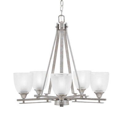 Uptowne 5 Light Uplight Chandelier Shown In Aged Silver Finish With 5" Clear Ribbed Glass