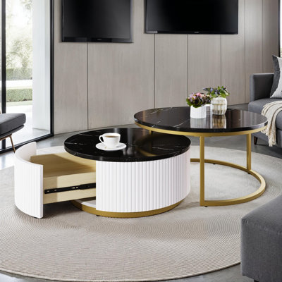 Modern Round Nesting Coffee Table Set with Drawer–Fluted Design