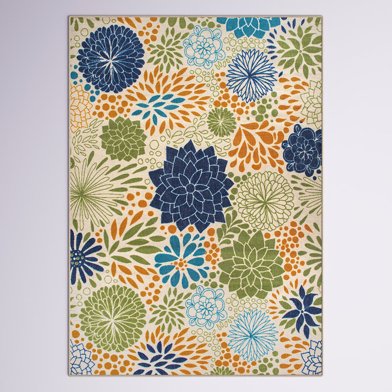 Tapis bleu / vert / orange à motif floral Alexavia, Rectangle 5 pi x 7 pi