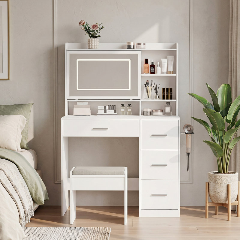 White Vanity Desk with Sliding Lighted Mirror, Power Outlet, Drawers, and Stool