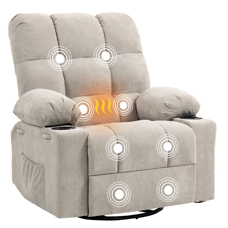 Oversized tuffed Heated Massage Swivel Rocker Recliner with Cup Holders (Beige Gray), Beige Gray