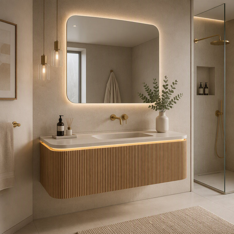 Meuble-lavabo mural de 122 cm avec lavabo intégré, armoire incurvée cannelée avec éclairage à détecteur de mouvement pour salle de bain moderne
