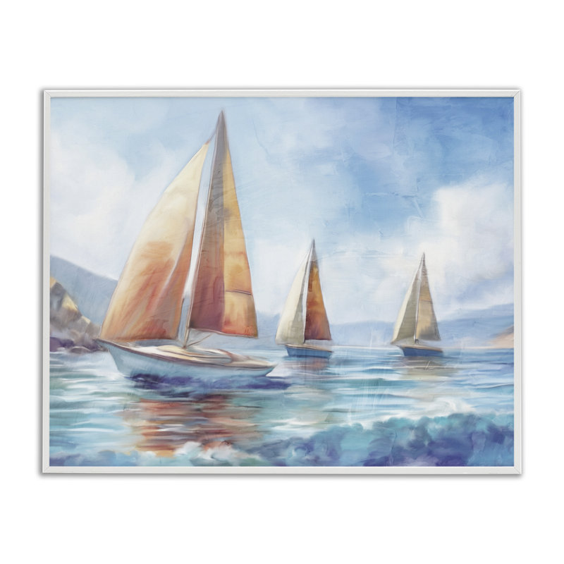Trois bateaux à la dérive, estampe numérique par Kim Allen, Giclée encadrée blanc bord de mer, H 11 po x l 14 po