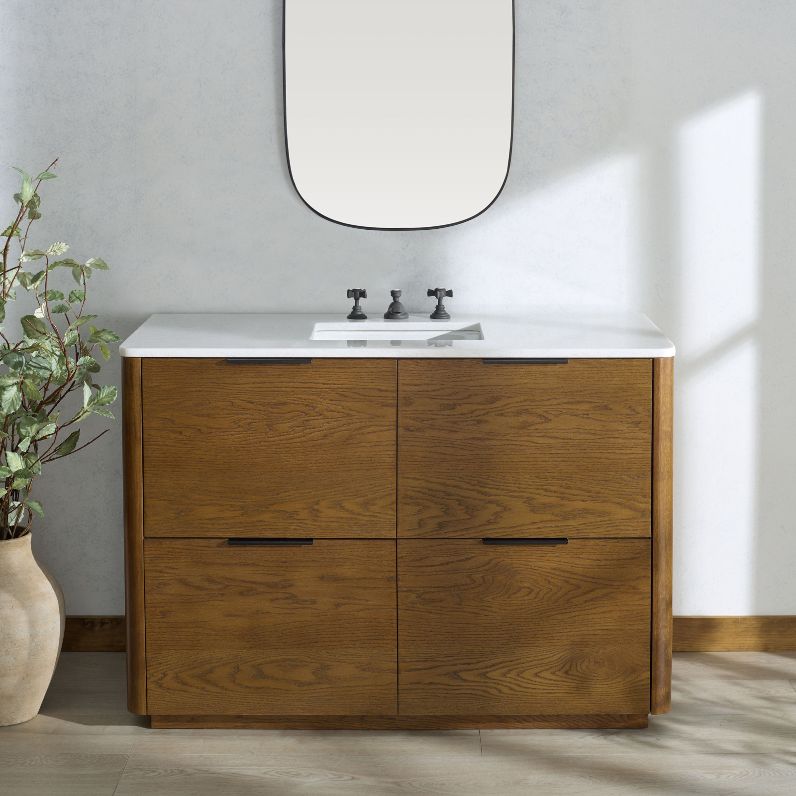 Tahani 48" Genuine Marble Single Bathroom Vanity, Medium Oak