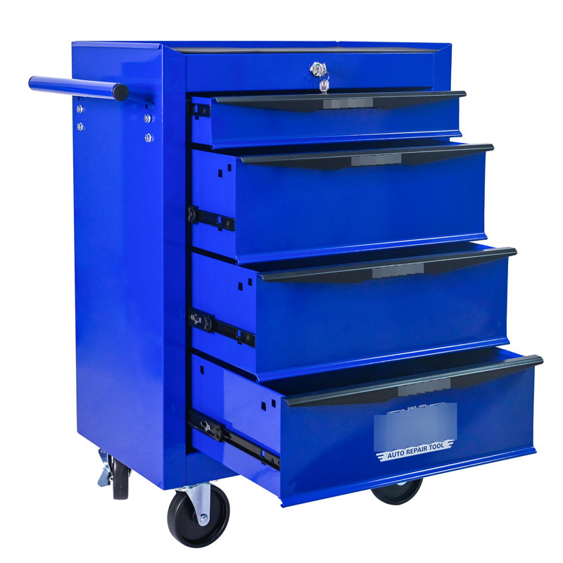 4, coffre à outils multifonctionnel, armoire en métal, glissières à roulement, poignée à tirer, coffre en acier facile à déplacer de 20 po avec finition noire et bleue, 4 roulettes universelles pour un déplacement flexible, serrure à clé sécuritaire